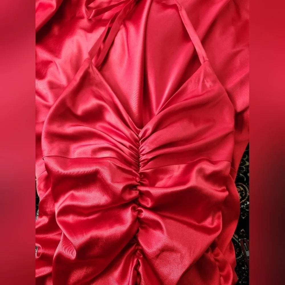 Jessica McClintok Full Length Halter Scrunch Red Satin Dress sz 6